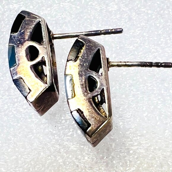 Vtg 925 Silver Checkerboard Stud Earrings Onyx Mother Of Pearl Inlay Thai SX - Picture 6 of 8